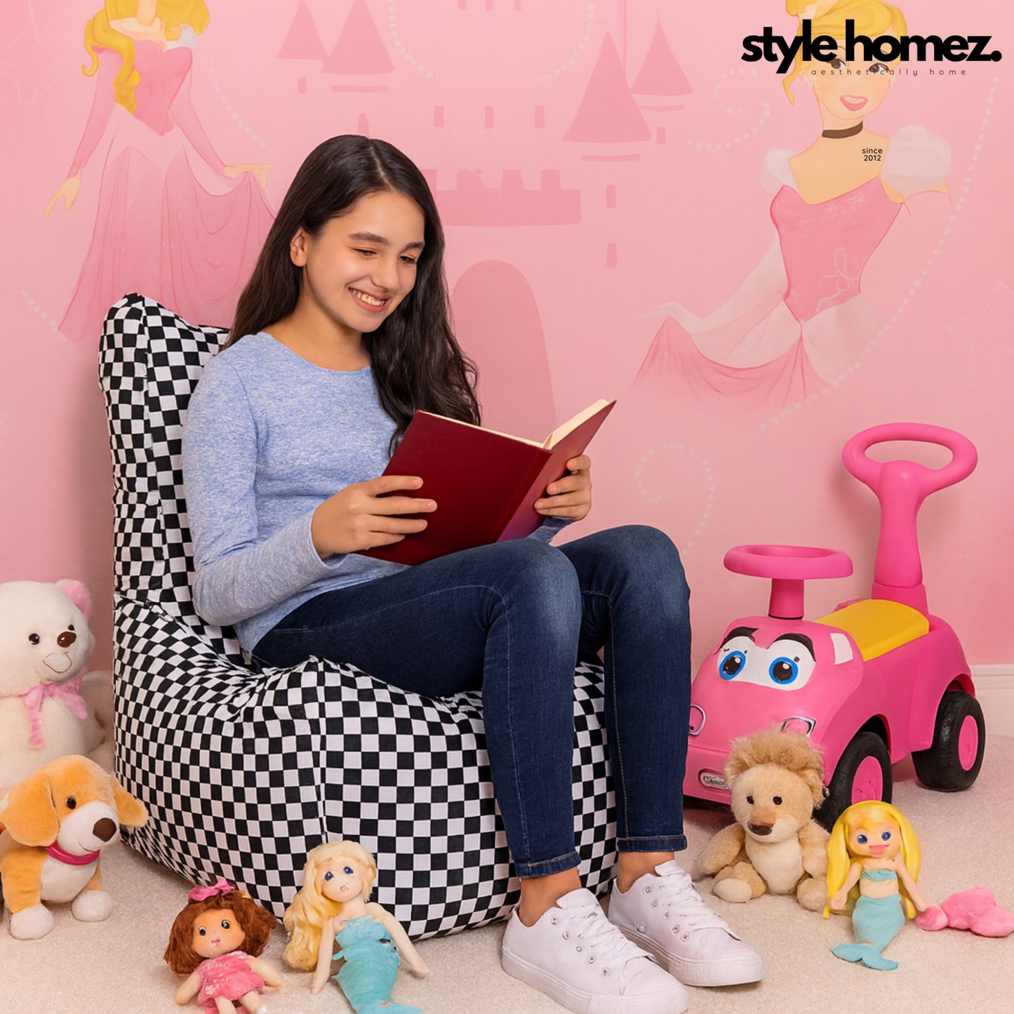 Style Homez CANVAS CLASSIC CHAIR, Cotton Canvas Checkered Printed Bean Bag XL Size with Beans Fillers