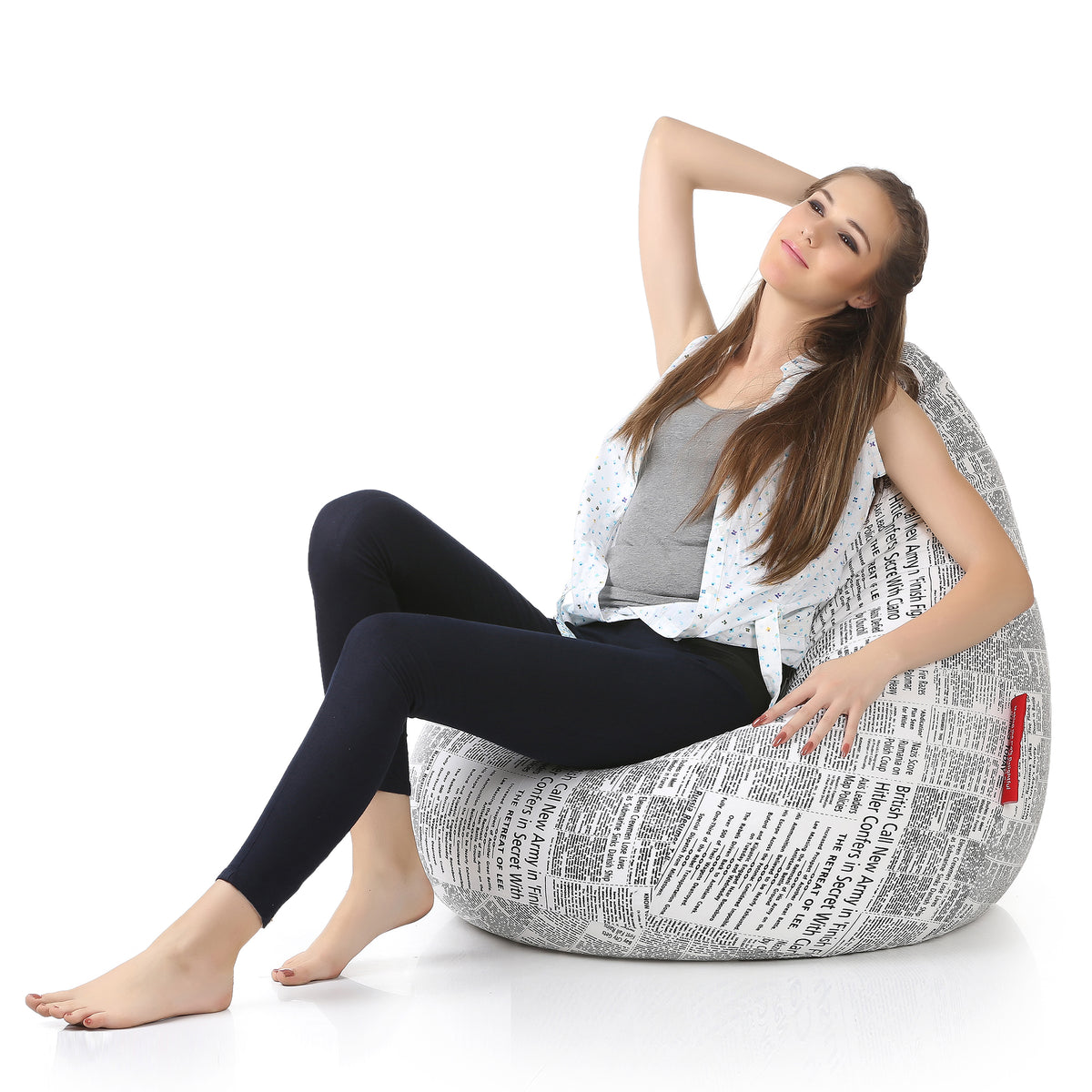 Style Homez Classic Cotton Canvas Newspaper Printed Bean Bag XXXL Size Filled with Bean Refill Fillers