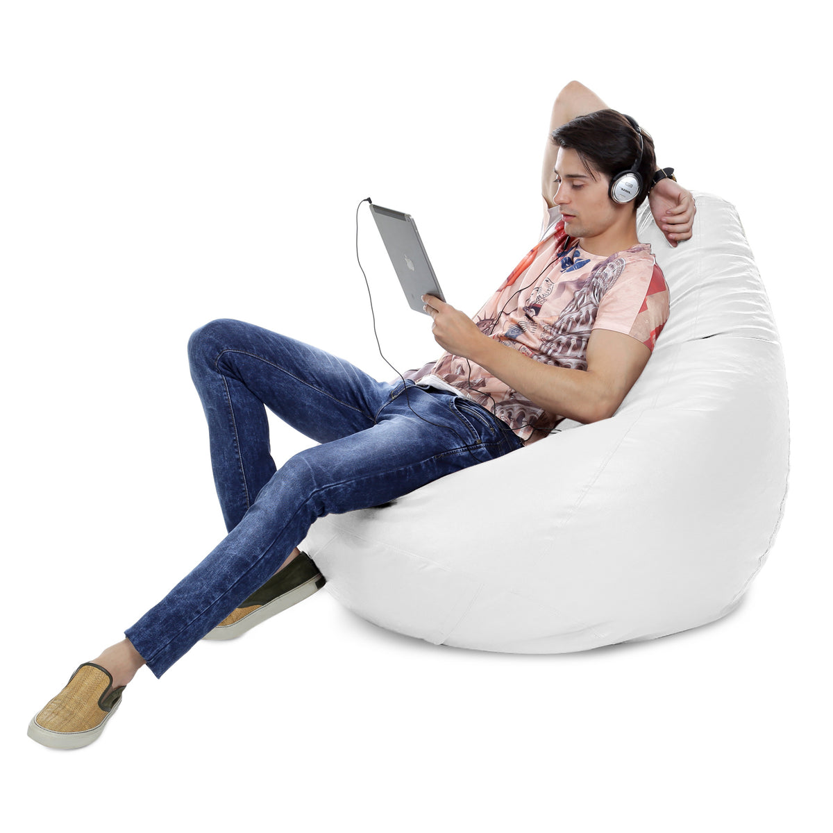 Style Homez Premium Leatherette Classic Jumbo Bean Bag Jumbo Size SAC White Color Filled with Beans Fillers