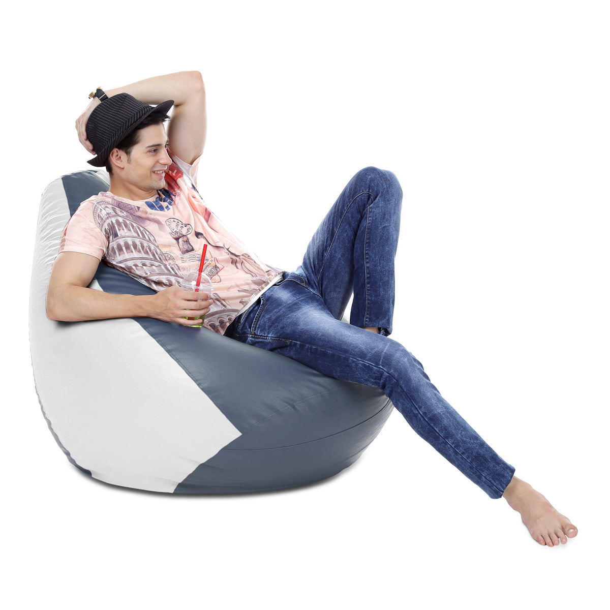 Style Homez Premium Leatherette Classic Bean Bag XXXL Size Grey White Color Filled with Beans Fillers