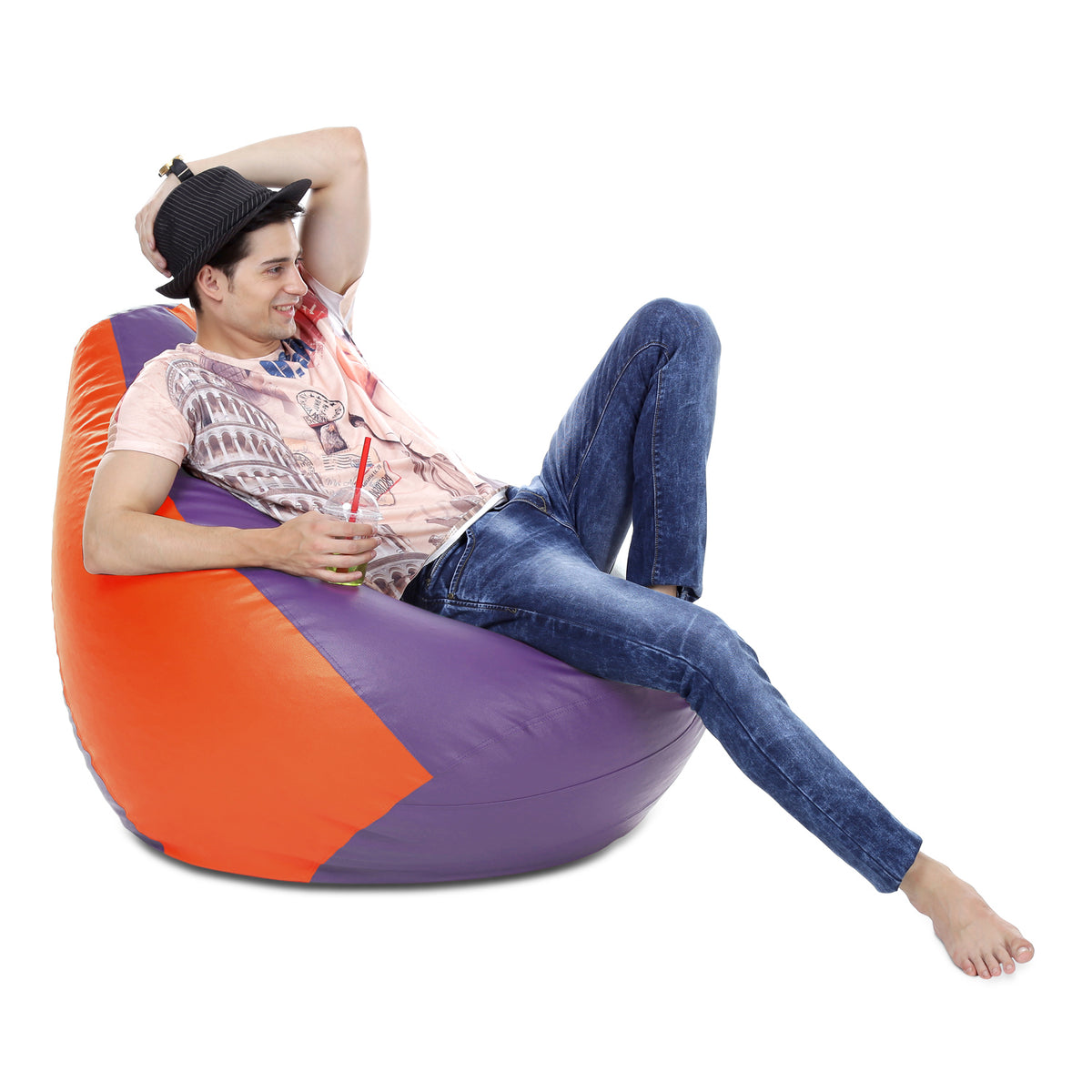 Style Homez Premium Leatherette Classic Bean Bag XXXL Size Purple Orange Color Filled with Beans Fillers