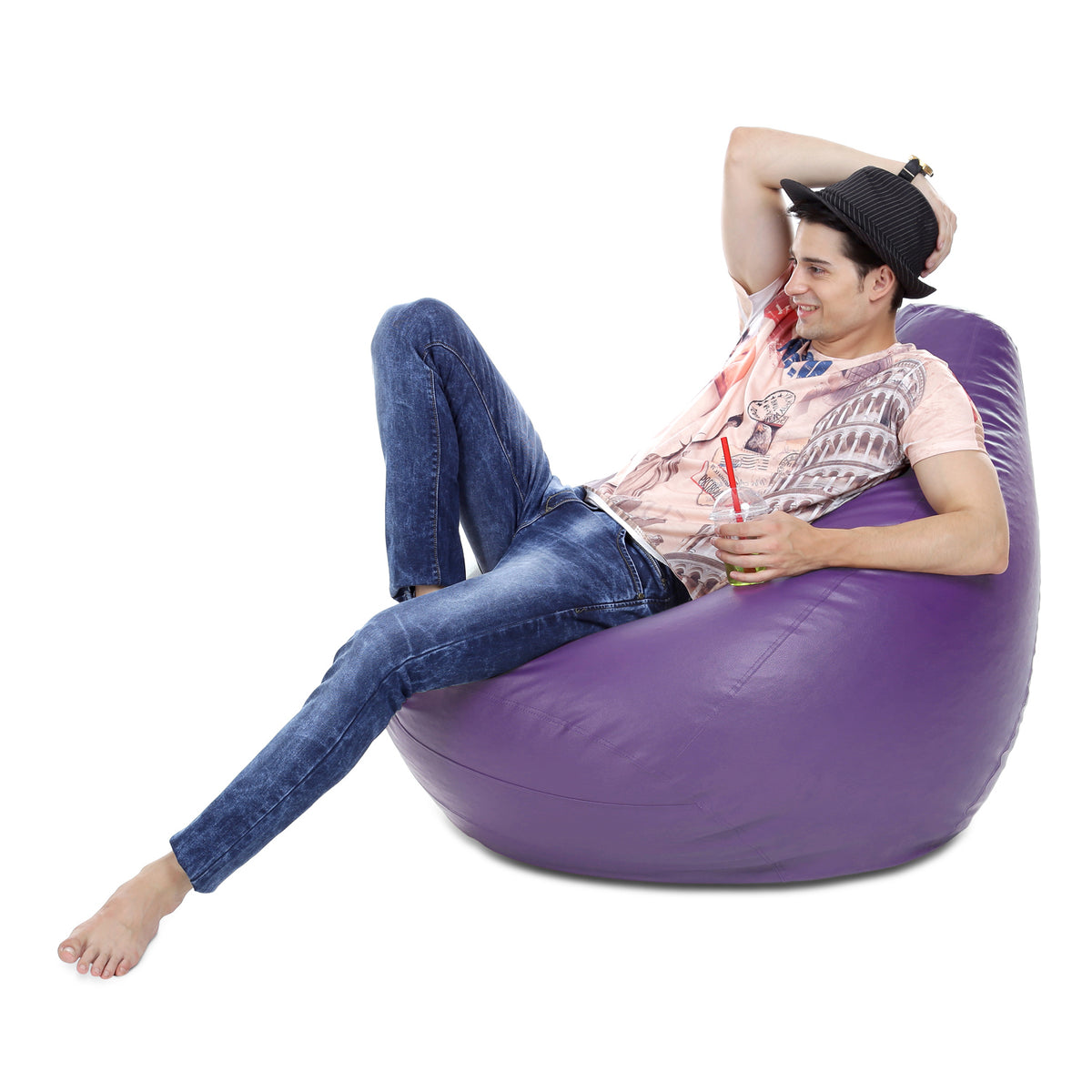 Style Homez Premium Leatherette Classic Bean Bag XXXL Size Purple Color Filled with Beans Fillers