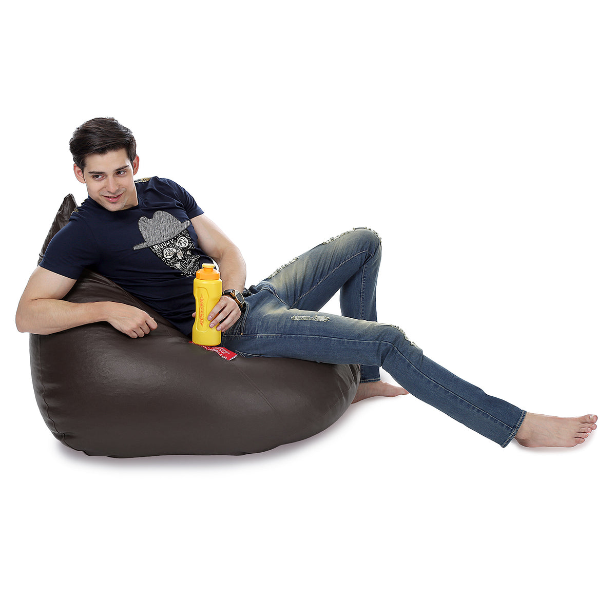 Style Homez HUMBUG, Premium Leatherette Fabric Lounger XL Bean Bag Chocolate Brown Color Filled with Beans Fillers