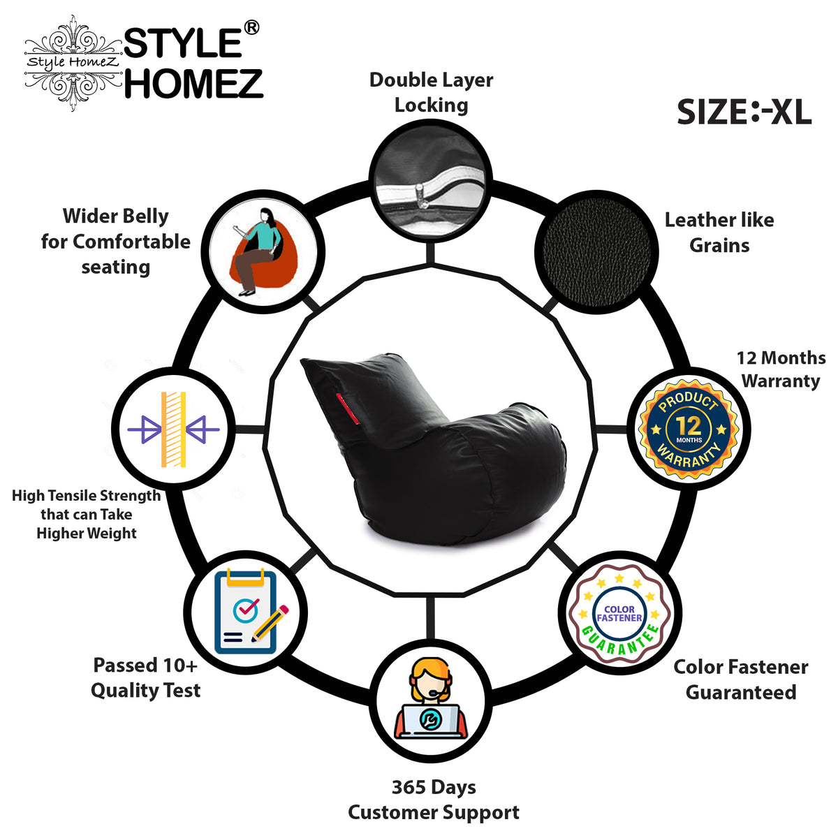 Style Homez MAMBO, Premiu Leatherette XL Size Bean Bag Lounger Black Color Filled with Beans Fillers