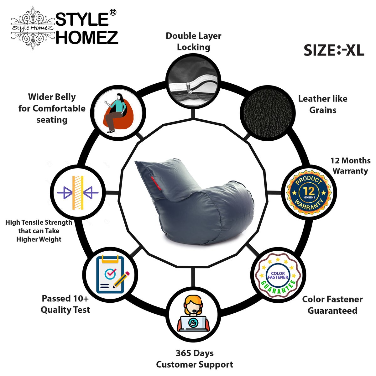 Style Homez MAMBO, Premiu Leatherette XL Size Bean Bag Grey Color Filled with Beans Fillers
