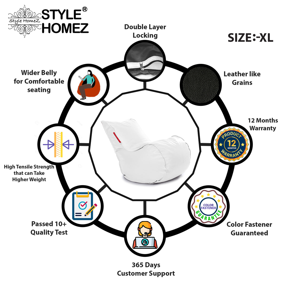 Style Homez MAMBO, Premiu Leatherette XL Size Bean Bag White Color Filled with Beans Fillers