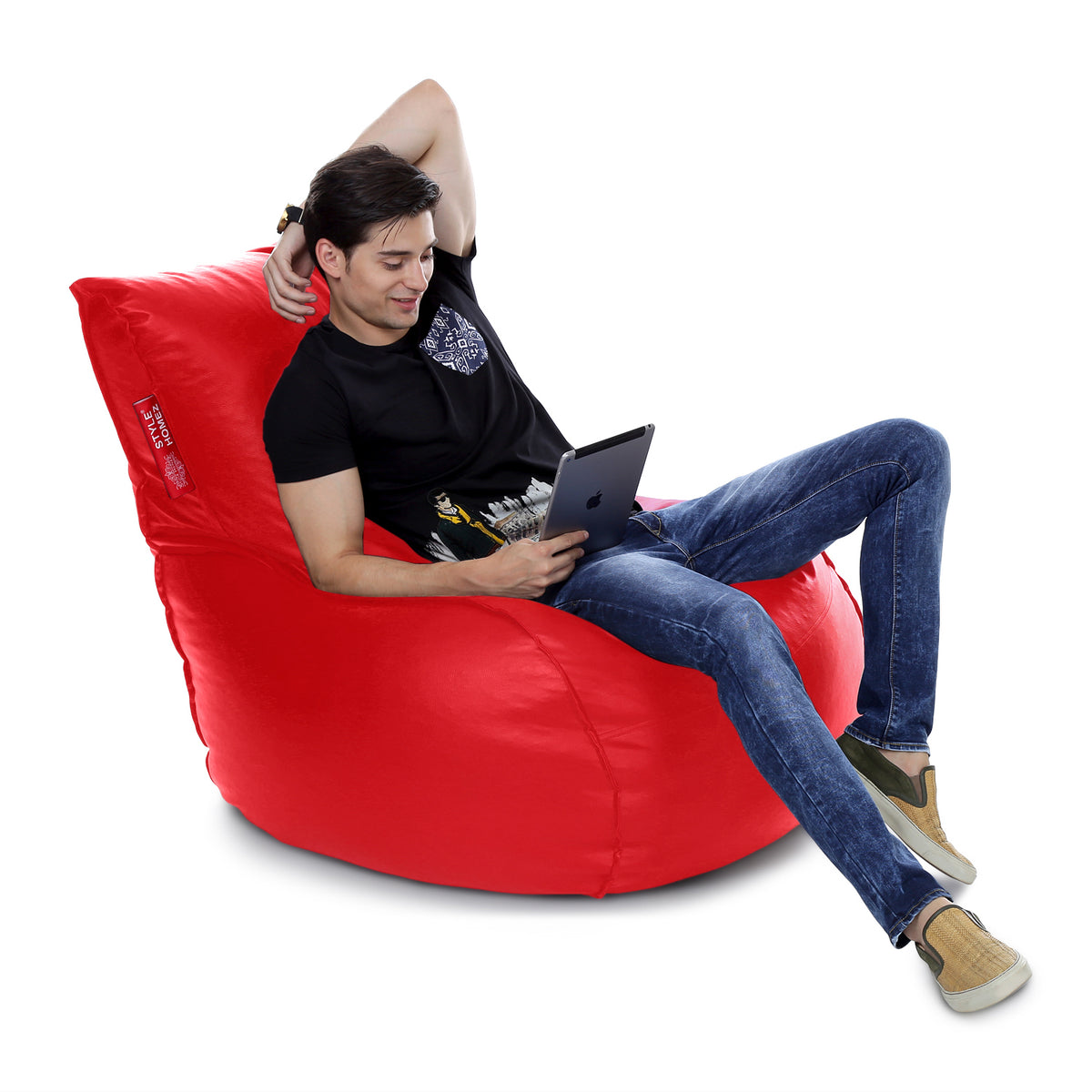 Style Homez MAMBO, Premium Leatherette Fabric XXL Bean Bag Red Color Filled with Beans Fillers