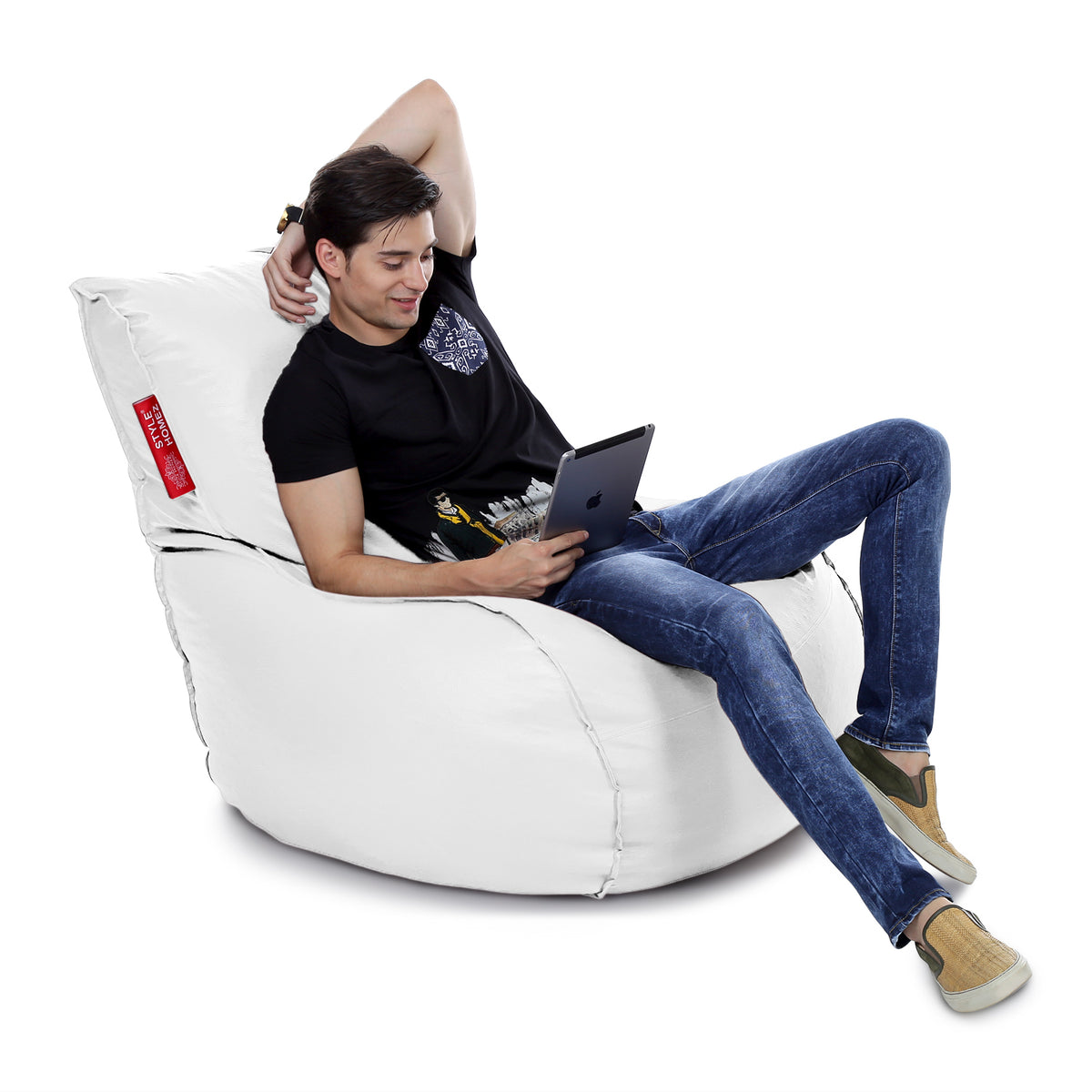 Style Homez MAMBO, Premium Leatherette Fabric XXL Bean Bag White Color Filled with Beans Fillers