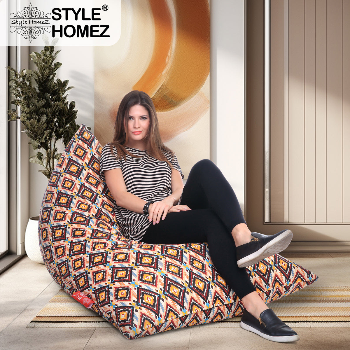 Style Homez PYRAMID LOUNGE, Cotton Canvas Geometric Printed Bean Bag XXL Size Cover Only