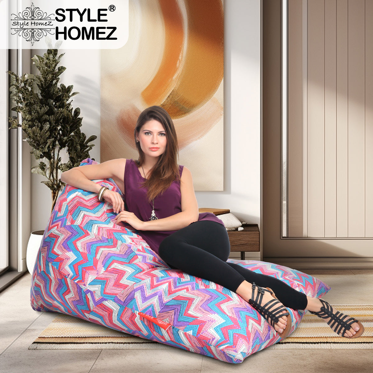Style Homez PYRAMID LOUNGE, Cotton Canvas Geometric Printed Bean Bag XXL Size Cover Only