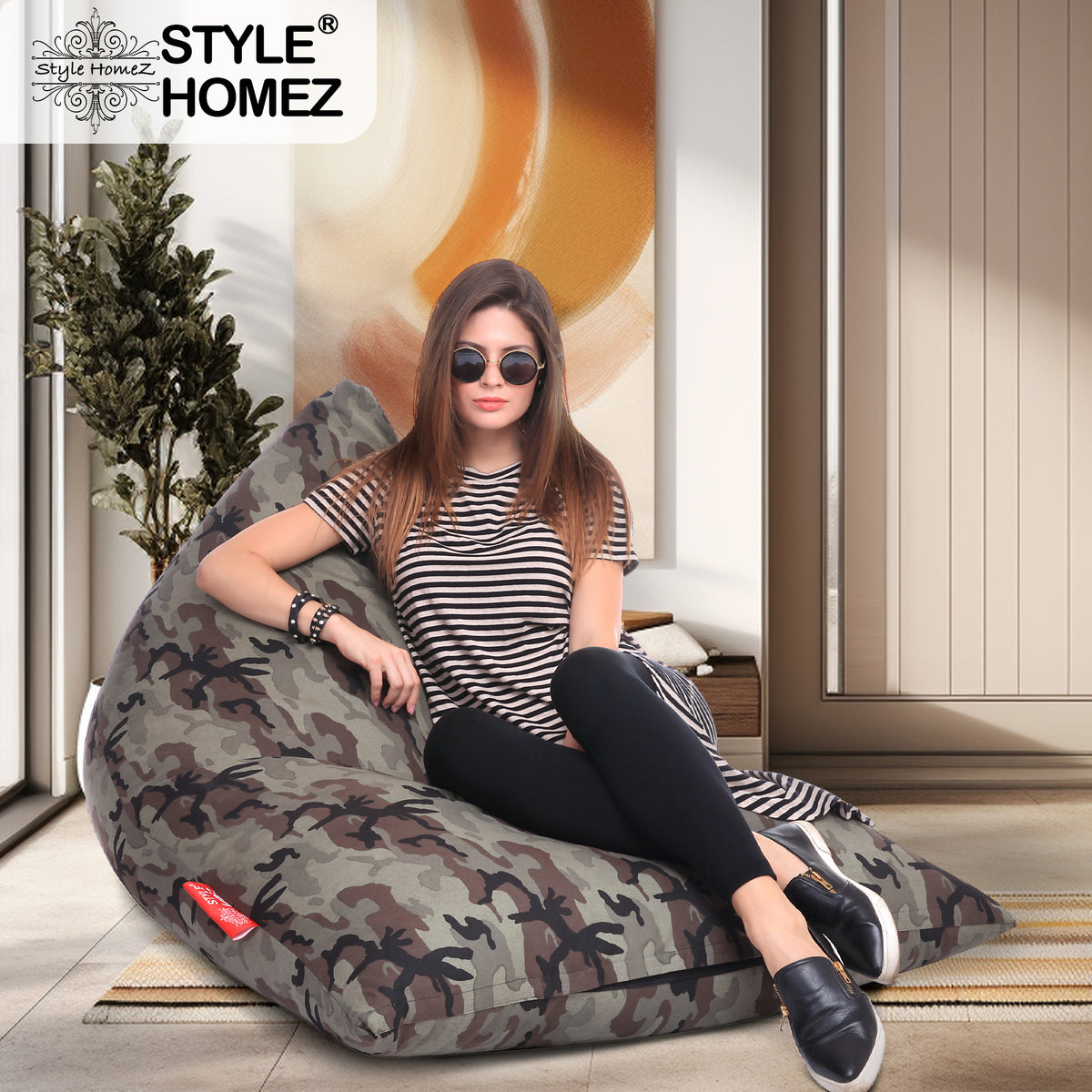 Style Homez PYRAMID LOUNGE, Cotton Canvas Camouflage Printed Bean Bag XXL Size Cover Only