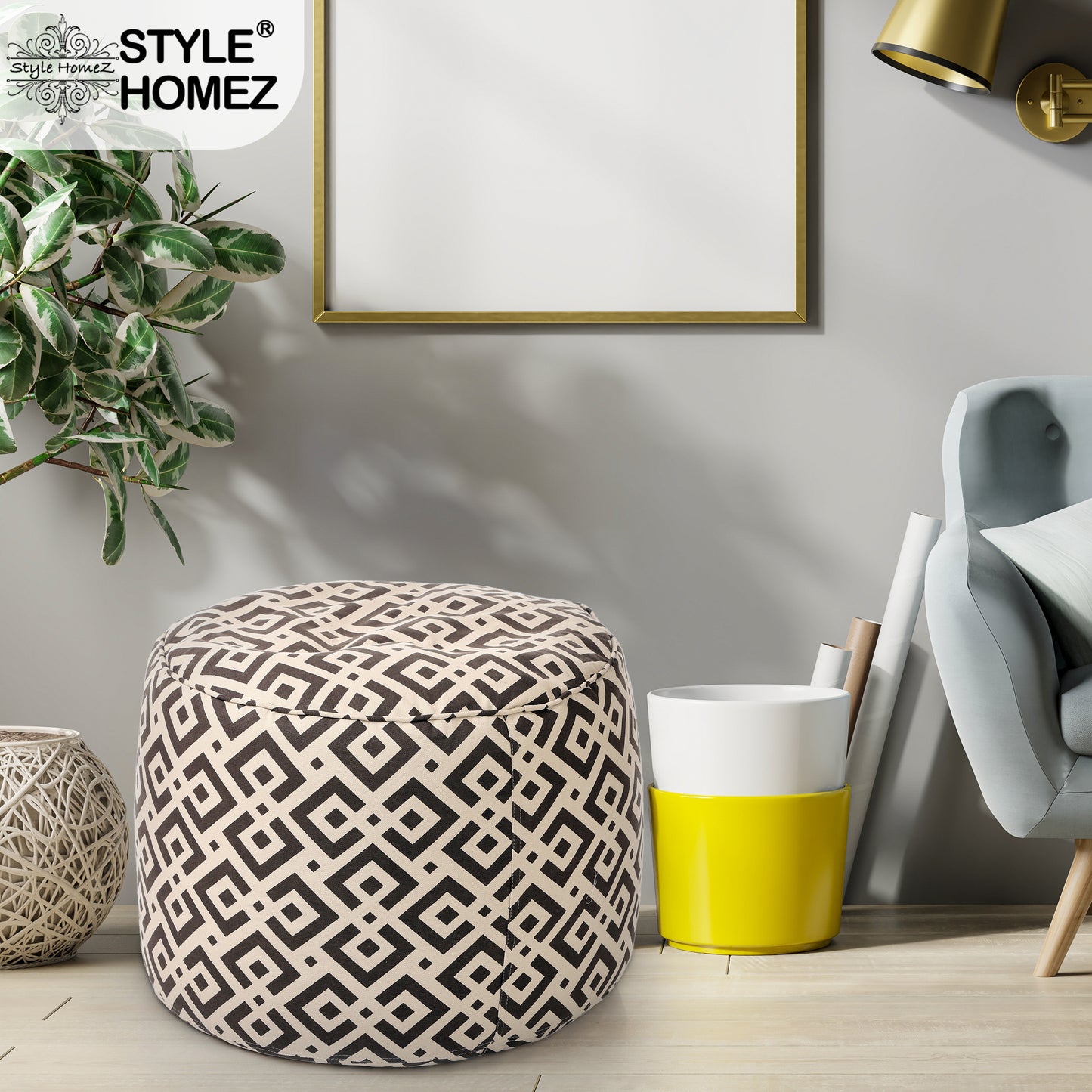 Style Homez Round Ottoman, Cotton Canvas Geometric Printed Bean Bag Stool Large Size Filled with Beans Fillers, Brown Color
