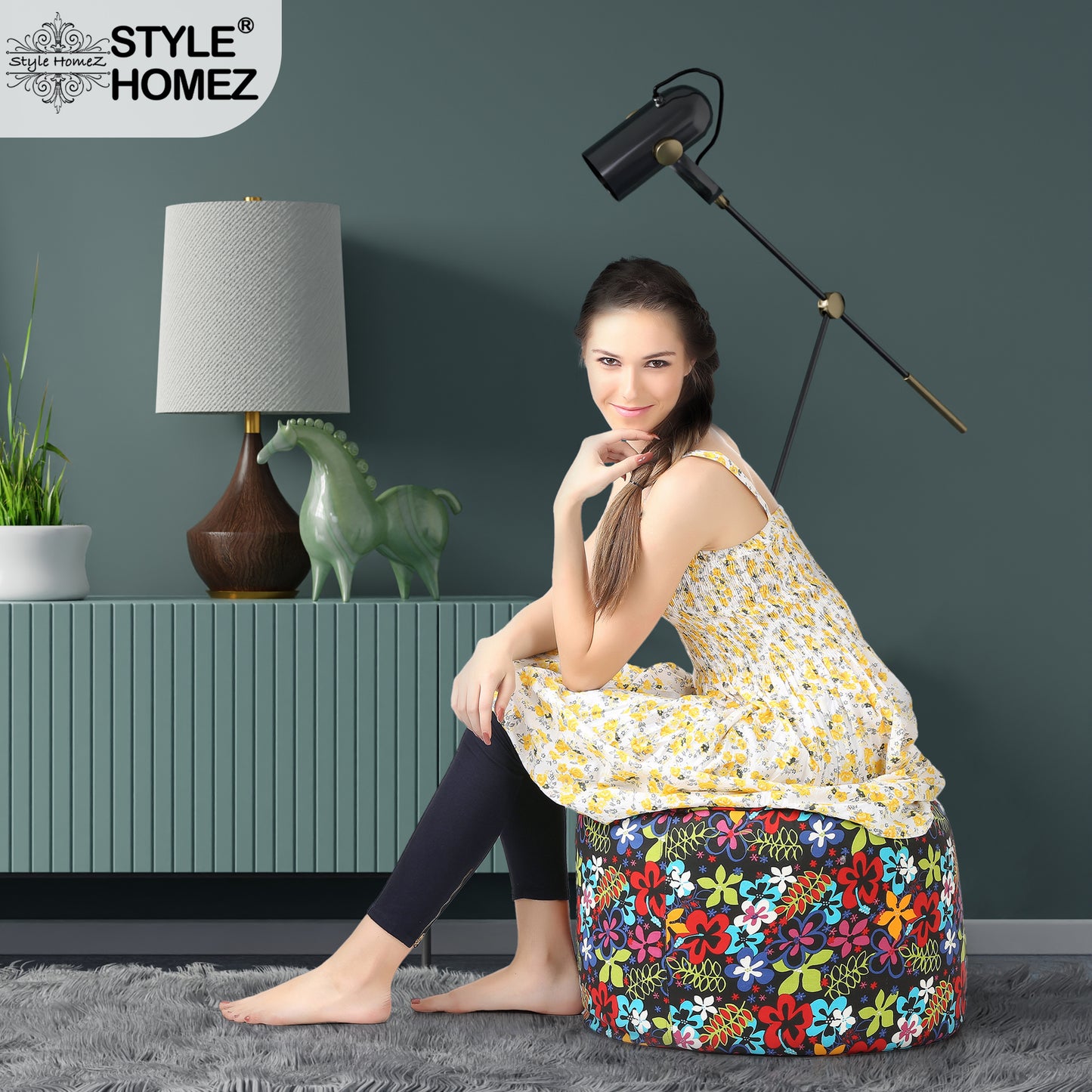 Style Homez Round Ottoman, Cotton Canvas Eloral Printed Bean Bag Stool Large Size Filled with Beans, Multi Color
