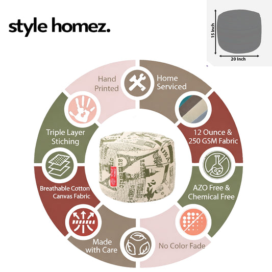 Style Homez Round Ottoman, Cotton Canvas Abstract Printed Bean Bag Stool Large Size Filled with Beans Fillers, Heena Color