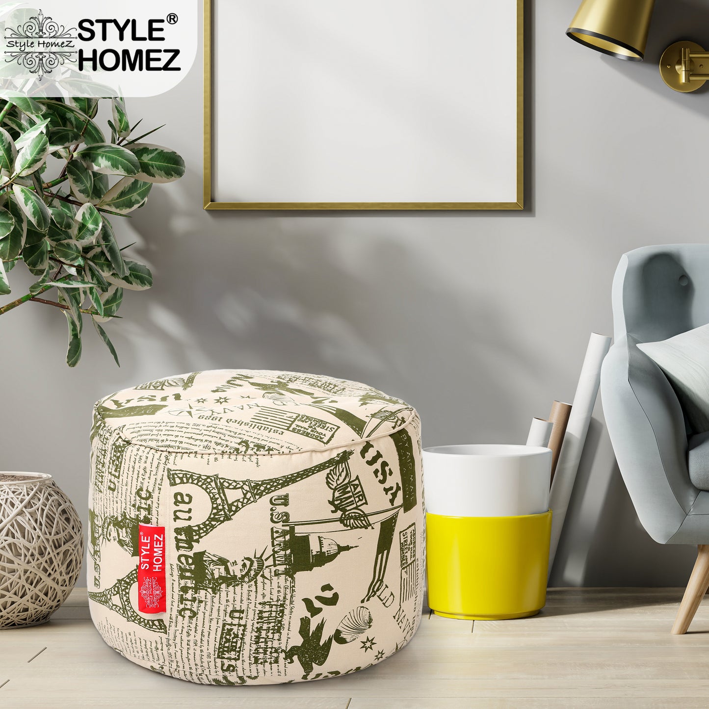 Style Homez Round Ottoman, Cotton Canvas Abstract Printed Bean Bag Stool Large Size Filled with Beans Fillers, Heena Color