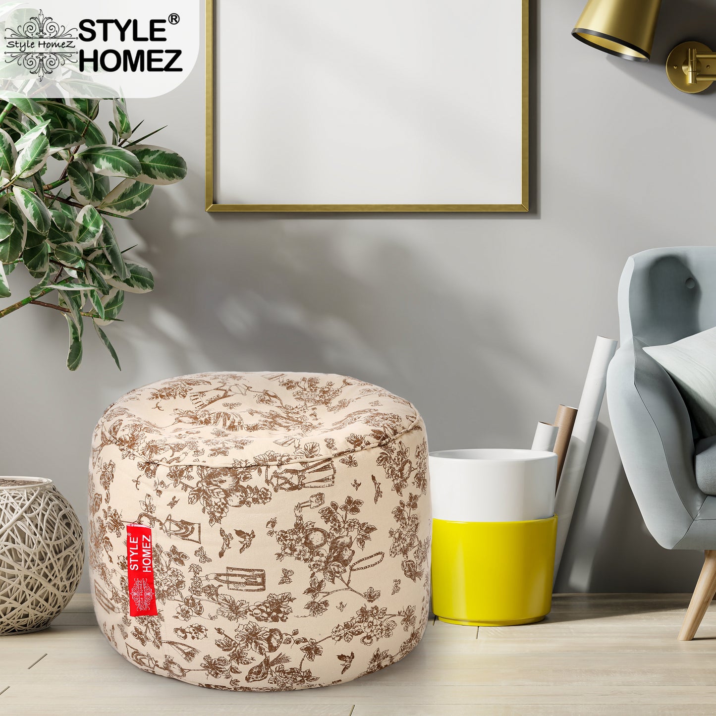 Style Homez Round Ottoman, Cotton Canvas Abstract Printed Bean Bag Stool Large Size Filled with Beans Fillers, Caramel Color