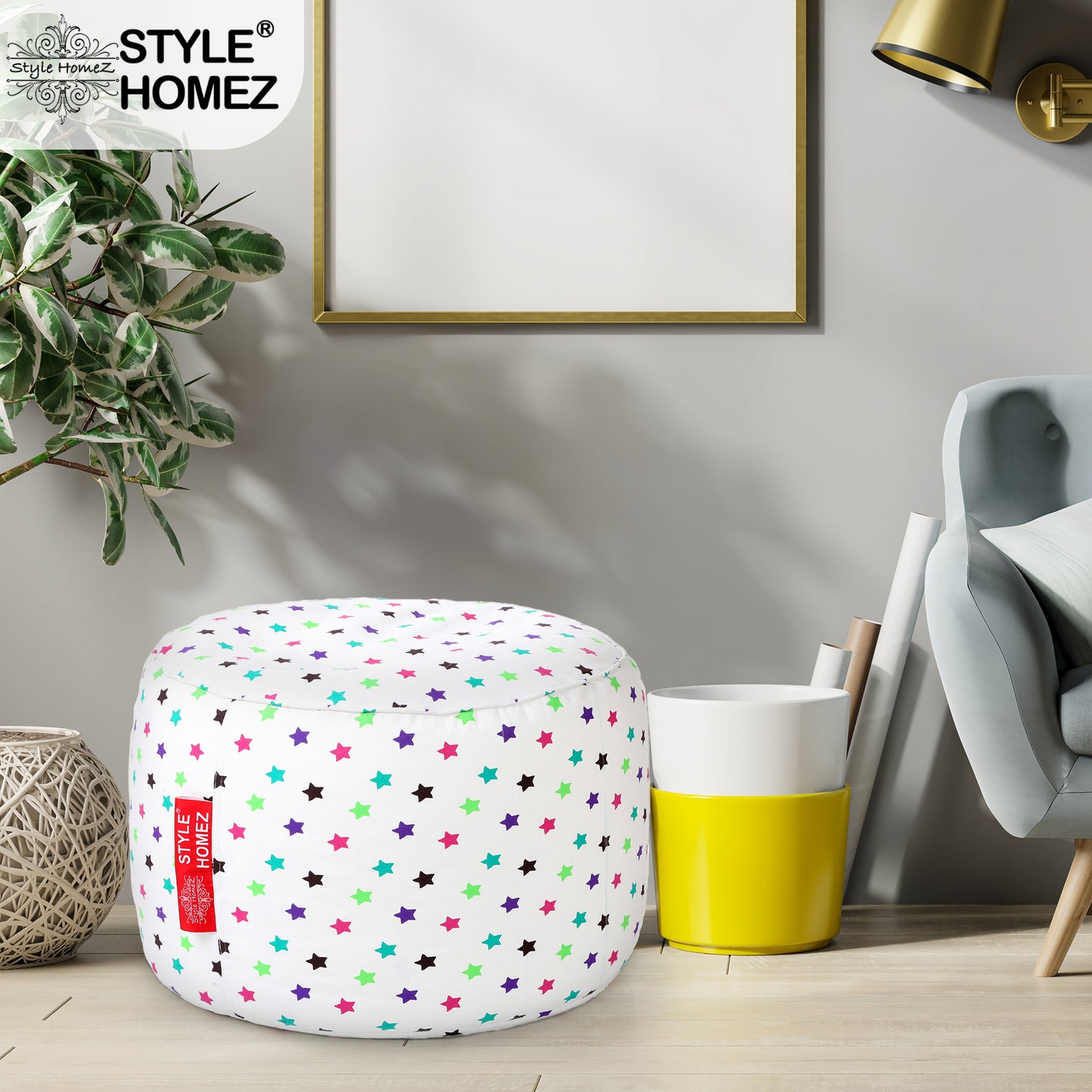 Style Homez Round Ottoman, Cotton Canvas Star Printed Bean Bag Stool Large Size Filled with Beans Fillers, Multi Color
