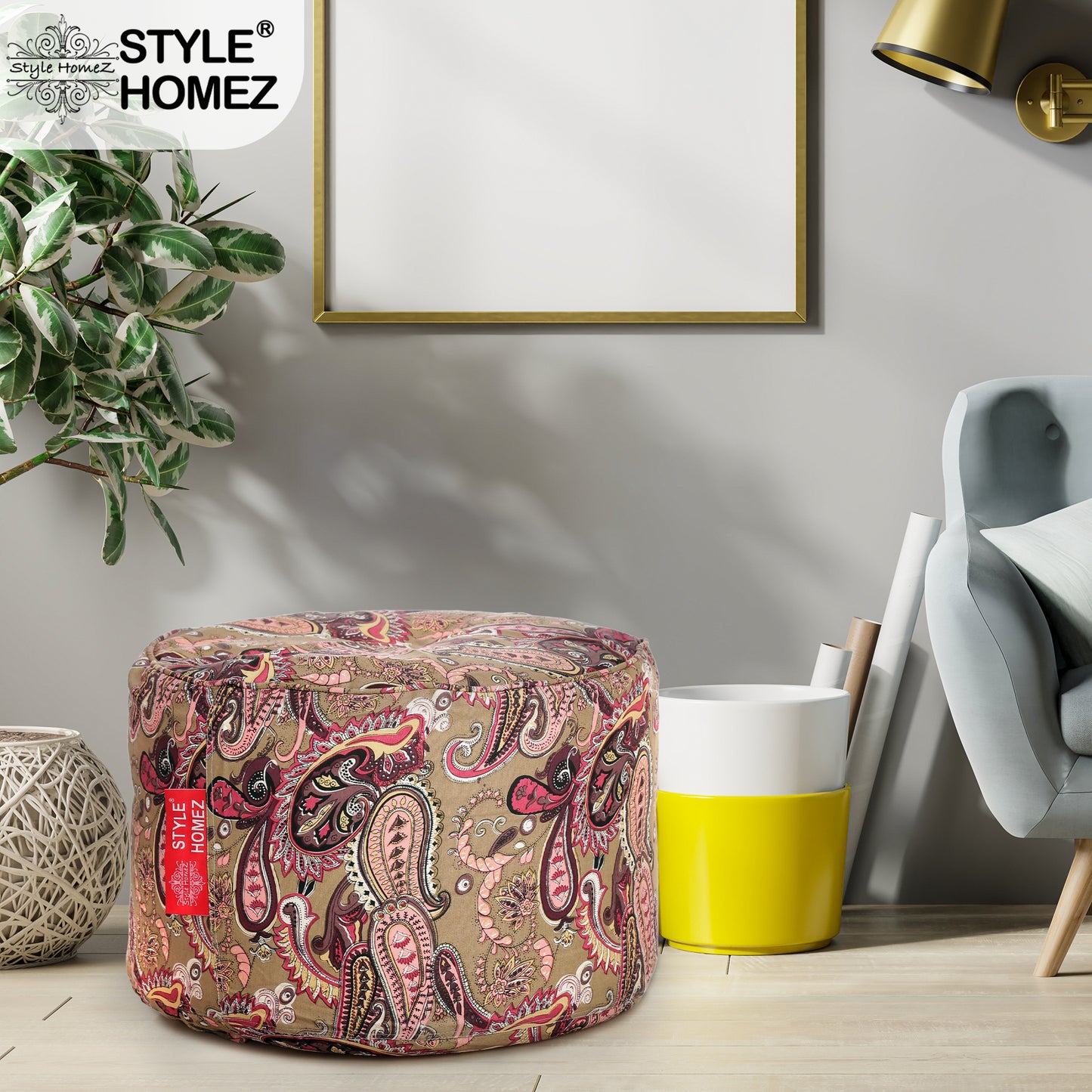 Style Homez Round Ottoman, Cotton Canvas Paisley Printed Bean Bag Stool Large Size Filled with Beans Fillers, Multi Color