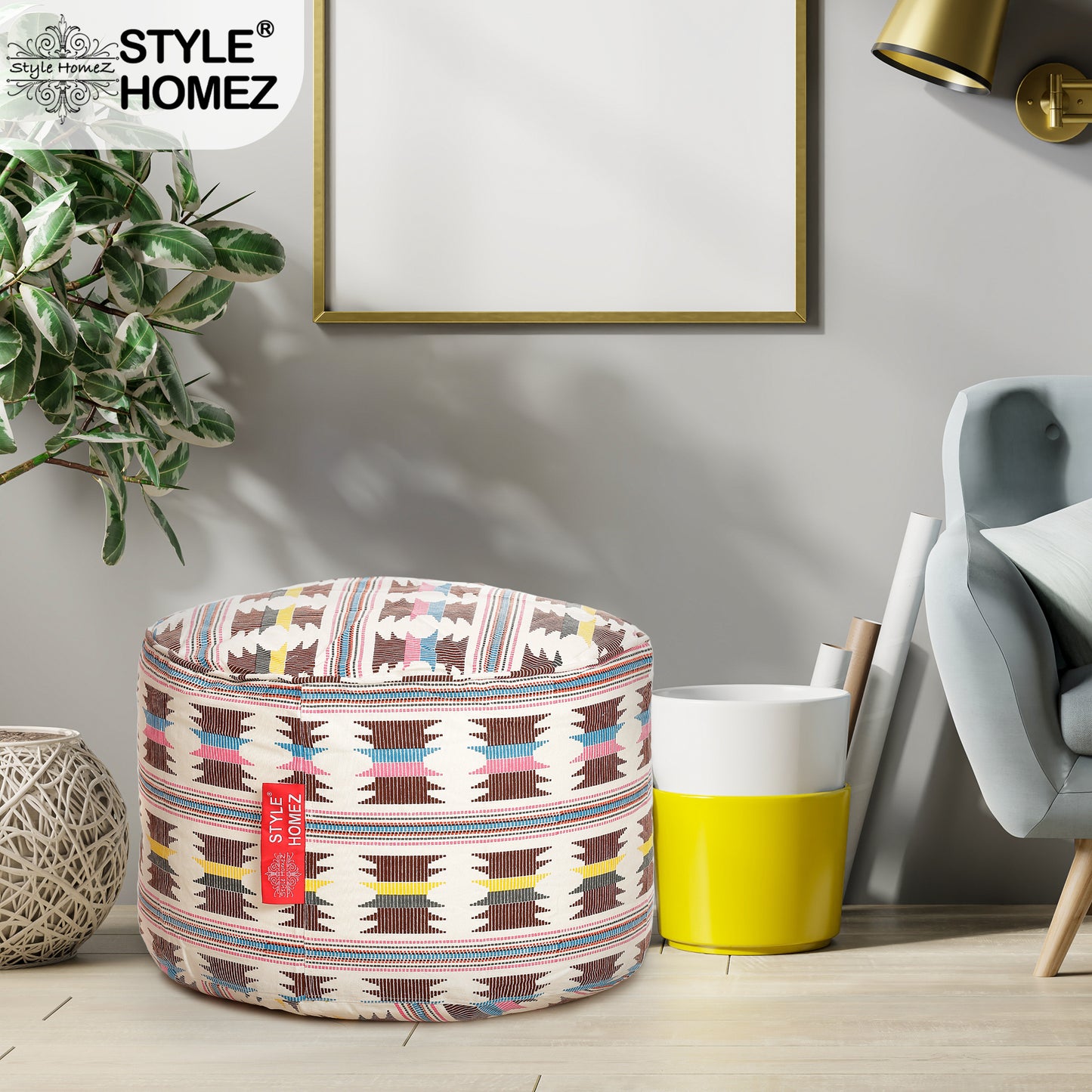 Style Homez Round Ottoman, Cotton Canvas IKAT Printed Bean Bag Stool Large Size Filled with Beans Fillers, Maroon Yellow Color