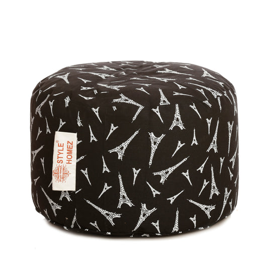 Style Homez Round Ottoman, Cotton Canvas Abstract Printed Bean Bag Stool Large Size Filled with Beans, Black Color
