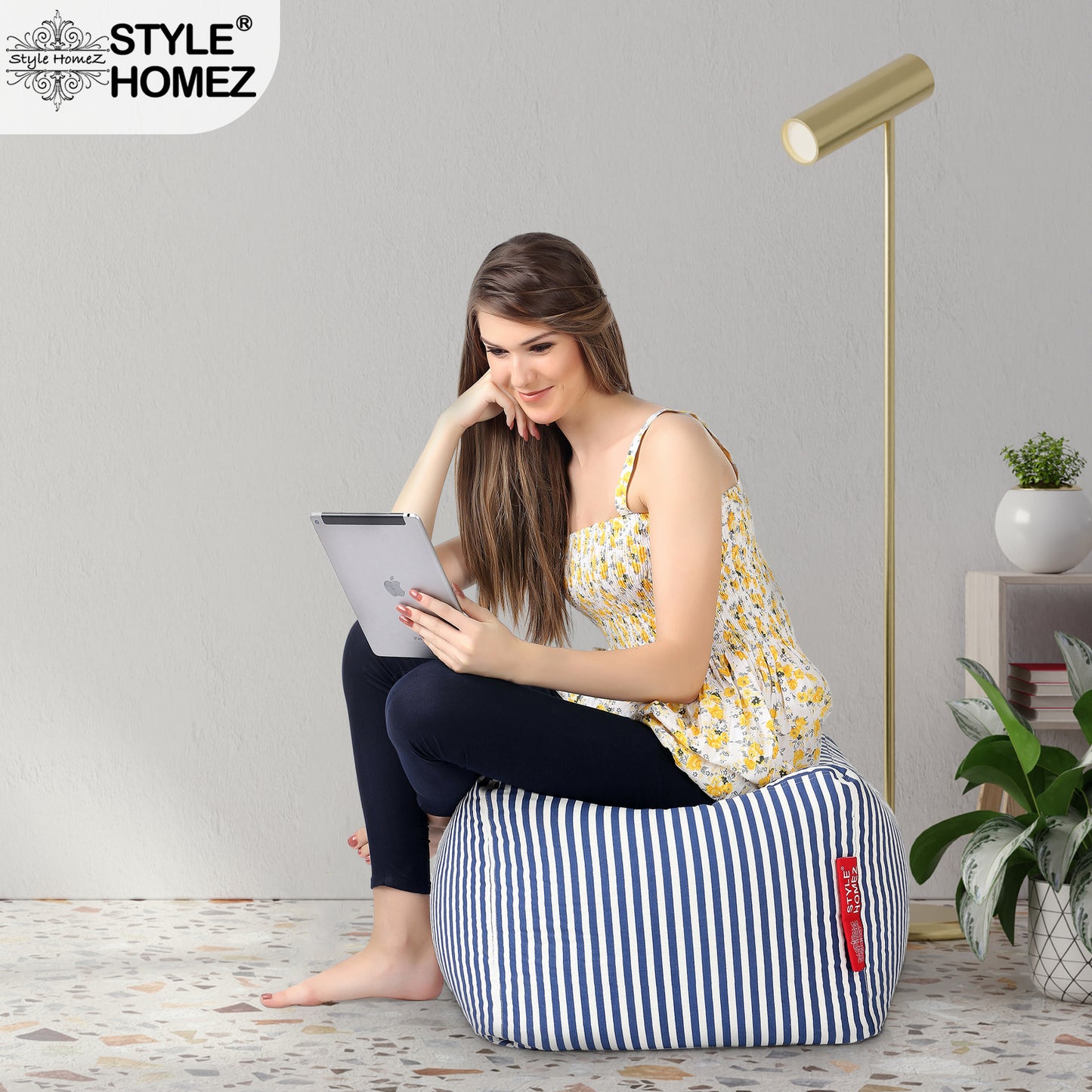 Style Homez Square Ottoman, Cotton Canvas Stripes Printed Bean Bag Ottoman Stool Large Size Filled with Beans, Navy Blue Color