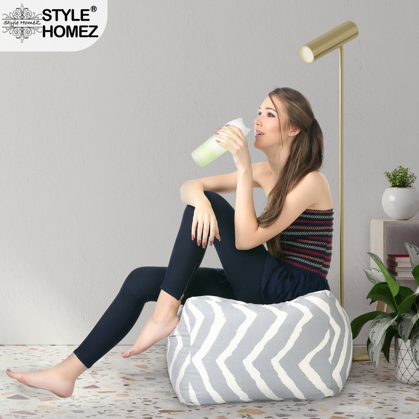 Style Homez Square Ottoman, Cotton Canvas Stripes Printed Bean Bag Ottoman Stool Large Size Filled with Beans, Grey Color