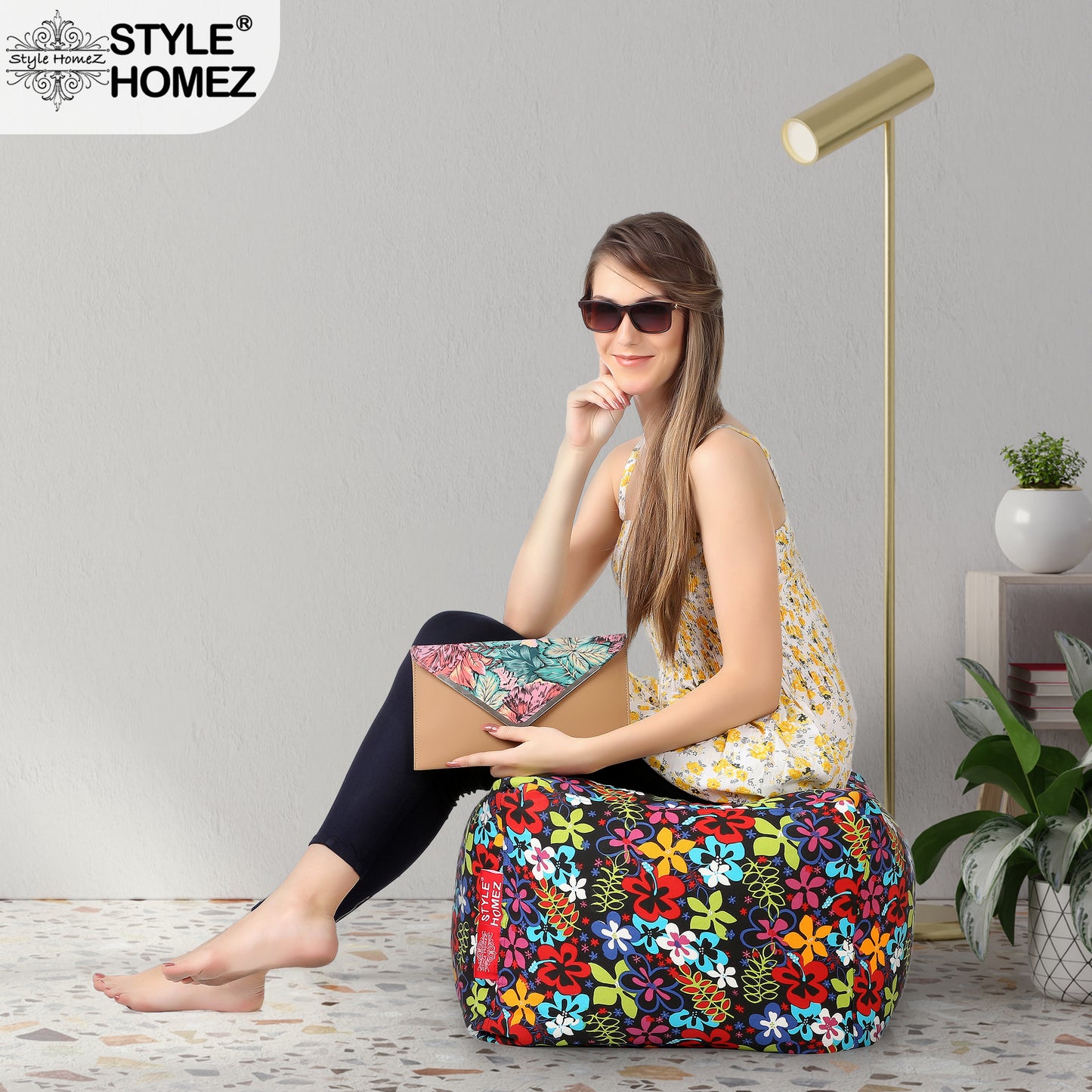 Style Homez Square Ottoman, Cotton Canvas Floral Printed Bean Bag Ottoman Stool Large Size Filled with Beans, Multi Color