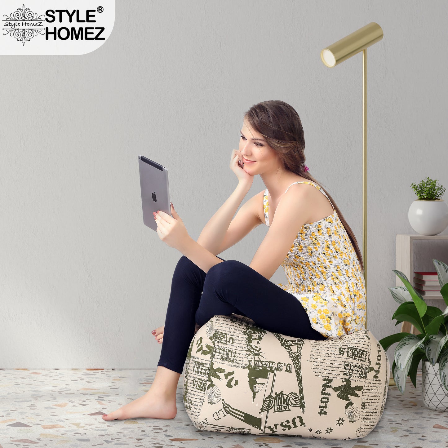 Style Homez Square Ottoman, Cotton Canvas Abstract Printed Bean Bag Ottoman Stool Large Size Filled with Beans, Heena Color