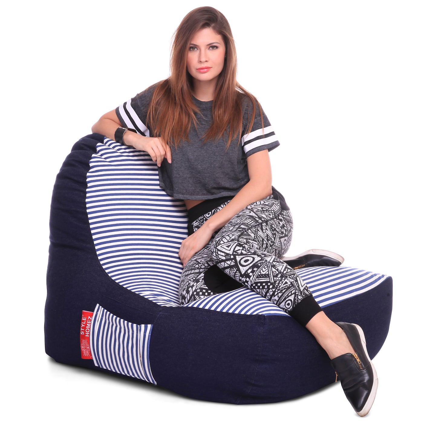 Style Homez Urban Design Denim Canvas Stripes Printed Chair Bean Bag XXL Size Filled with Beans Fillers