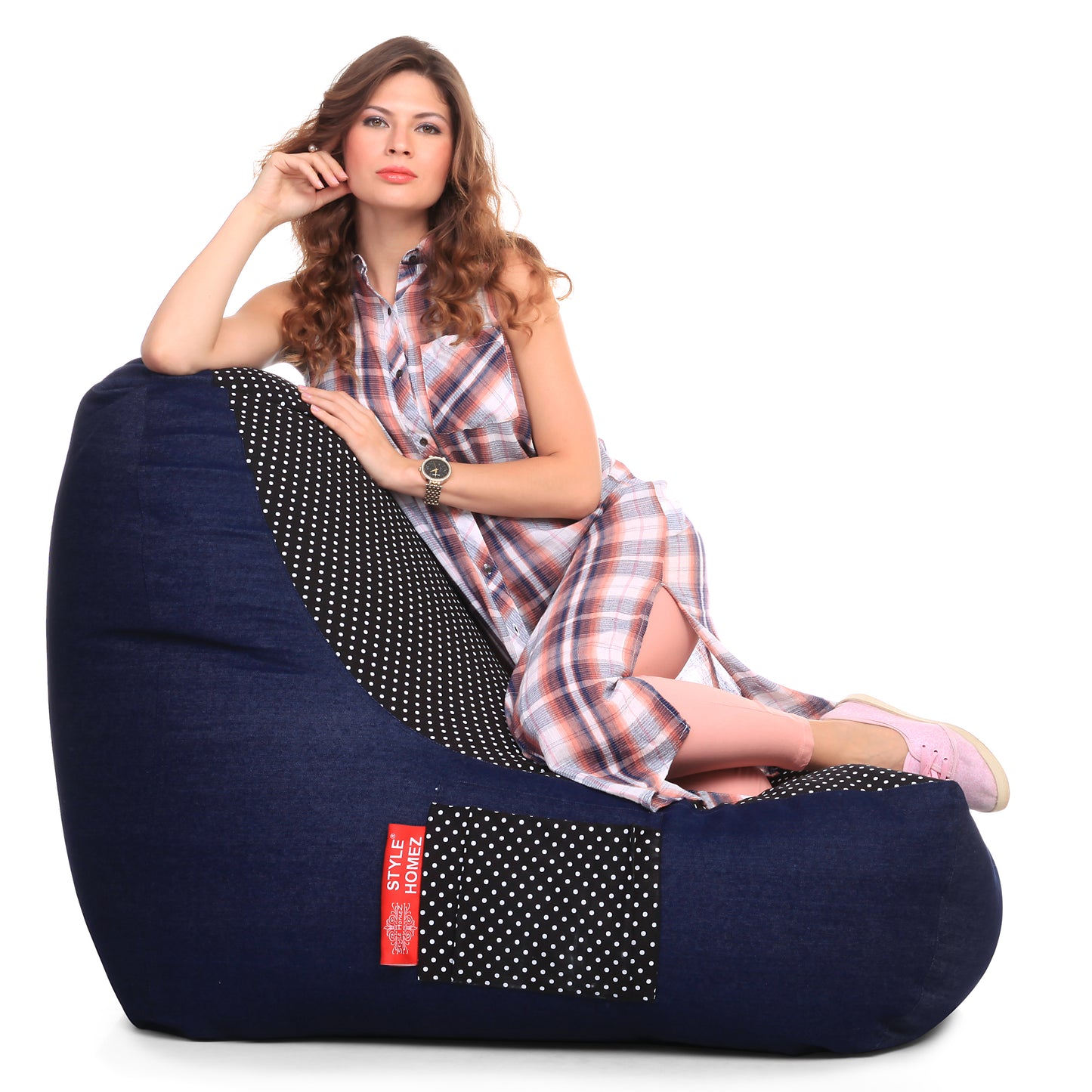 Style Homez Urban Design Denim Canvas Polka Dots Printed Chair Bean Bag XXL Size Filled with Beans Fillers