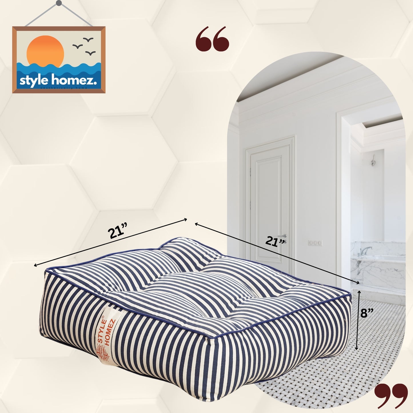 Style Homez Premium Cotton Canvas Square Floor Cushion, Stripes Design Printed Large Size with Cotton Filling