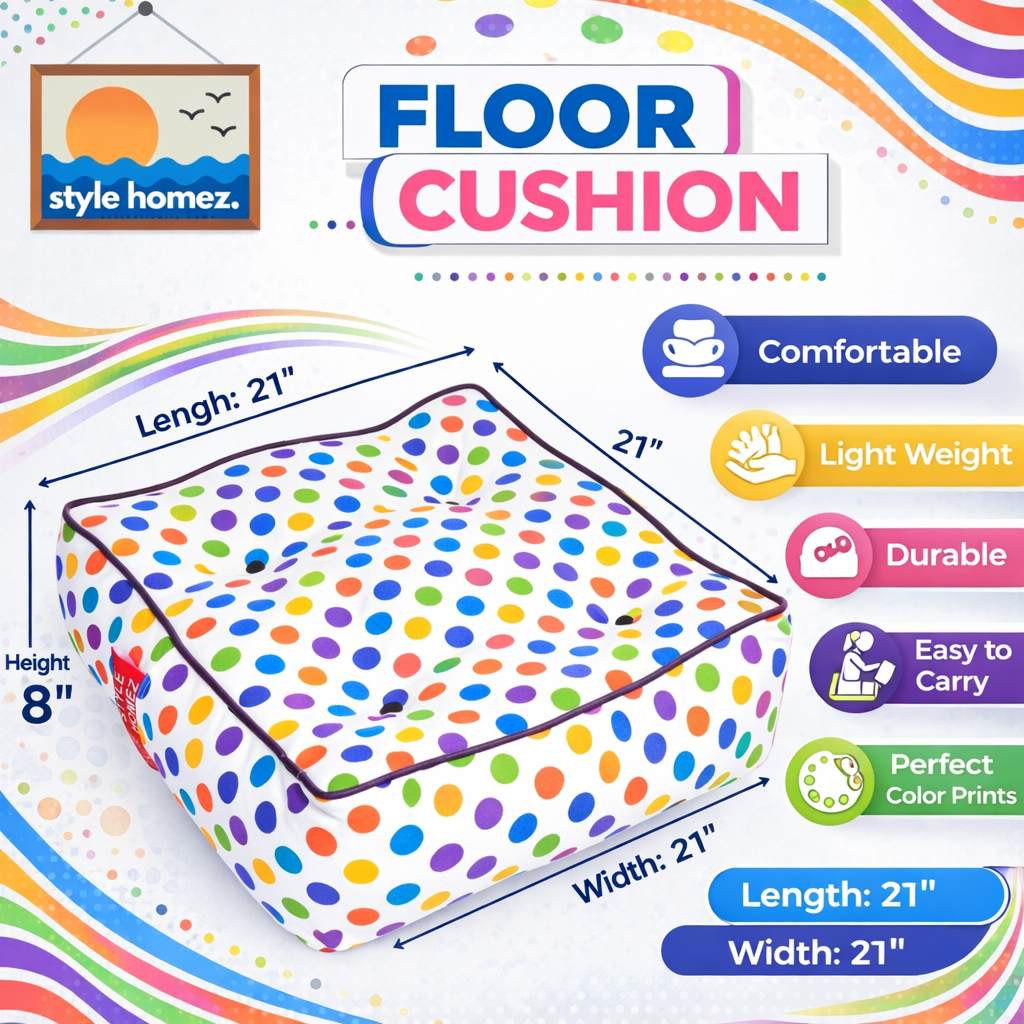 Style Homez Premium Cotton Canvas Square Floor Cushion, Polka Dots Design Printed Large Size with Cotton Filling