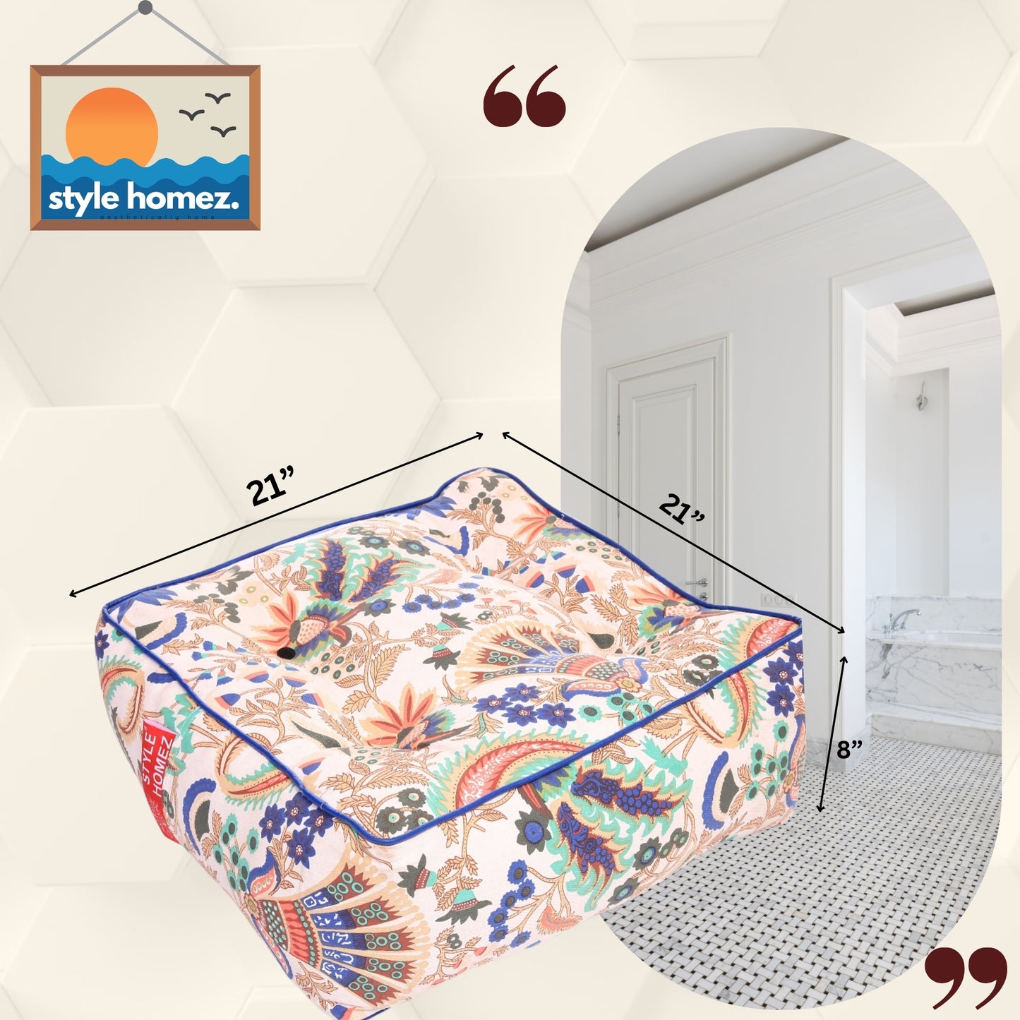 Style Homez Premium Cotton Canvas Square Floor Cushion, Floral Printed Large Size with Cotton Filling