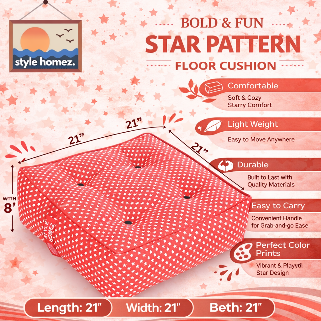Style Homez Premium Cotton Canvas Square Floor Cushion, Star Printed Large Size with Cotton Filling