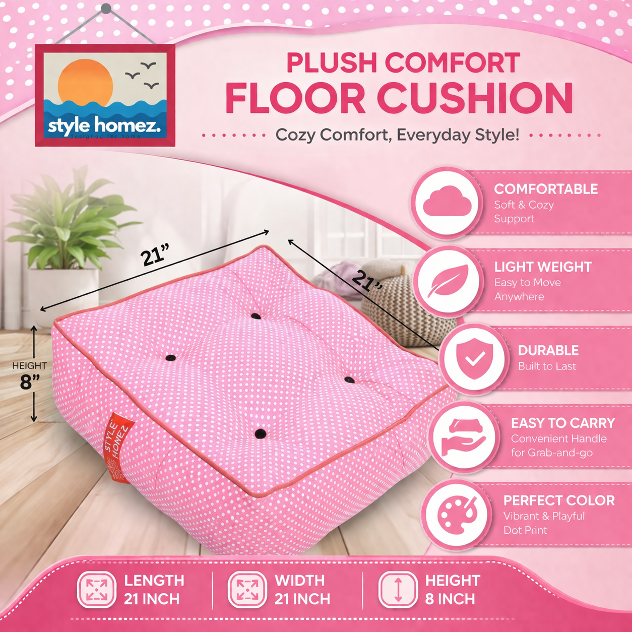 Style Homez Premium Cotton Canvas Square Floor Cushion, Polka Dots Printed Large Size with Cotton Filling