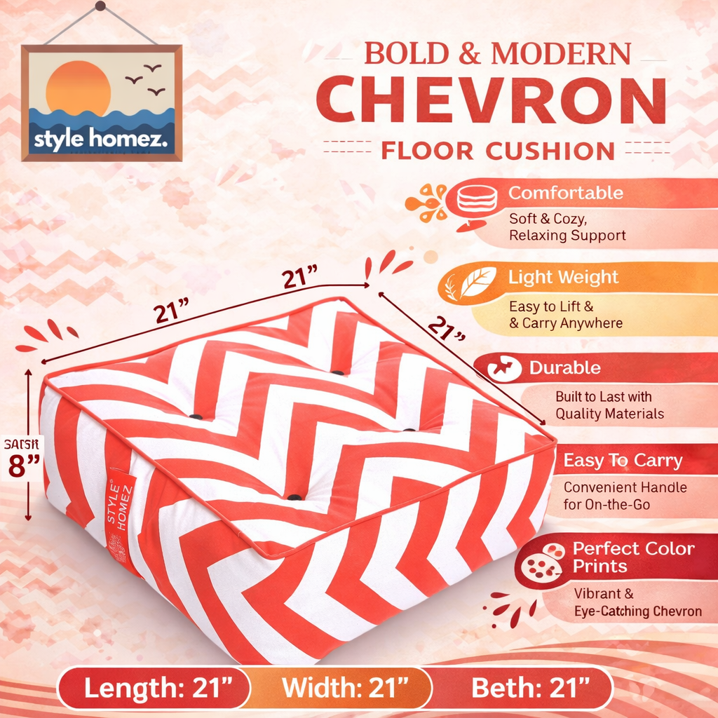 Style Homez Premium Cotton Canvas Square Floor Cushion, Stripes Printed Large Size with Cotton Filling