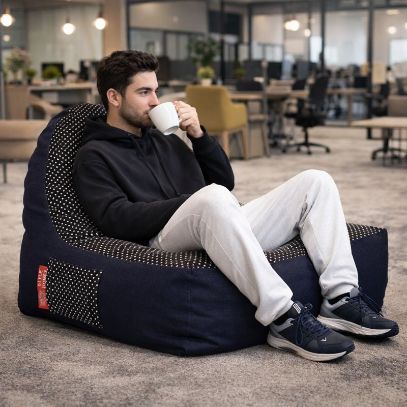 Style Homez Urban Design Denim Canvas Polka Dots Printed Chair Bean Bag XXL Size Filled with Beans Fillers