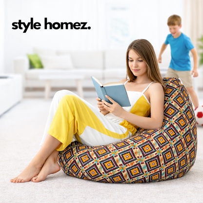 Style Homez Classic Cotton Canvas Geometric Printed Bean Bag XXL Size Filled with Beans Fillers