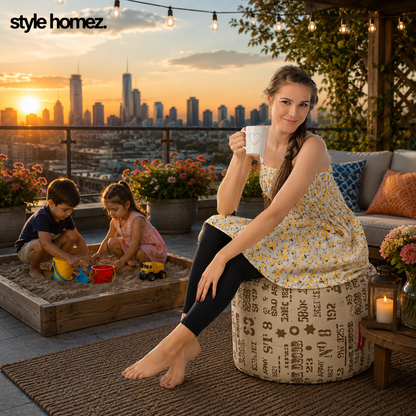 Style Homez Round Ottoman, Cotton Canvas Abstract Printed Bean Bag Stool Large Size Filled with Beans, Caramel Color