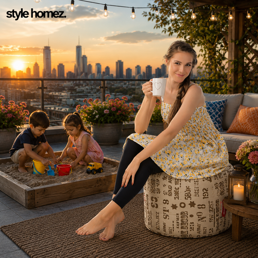 Style Homez Round Ottoman, Cotton Canvas Abstract Printed Bean Bag Stool Large Size Filled with Beans, Caramel Color