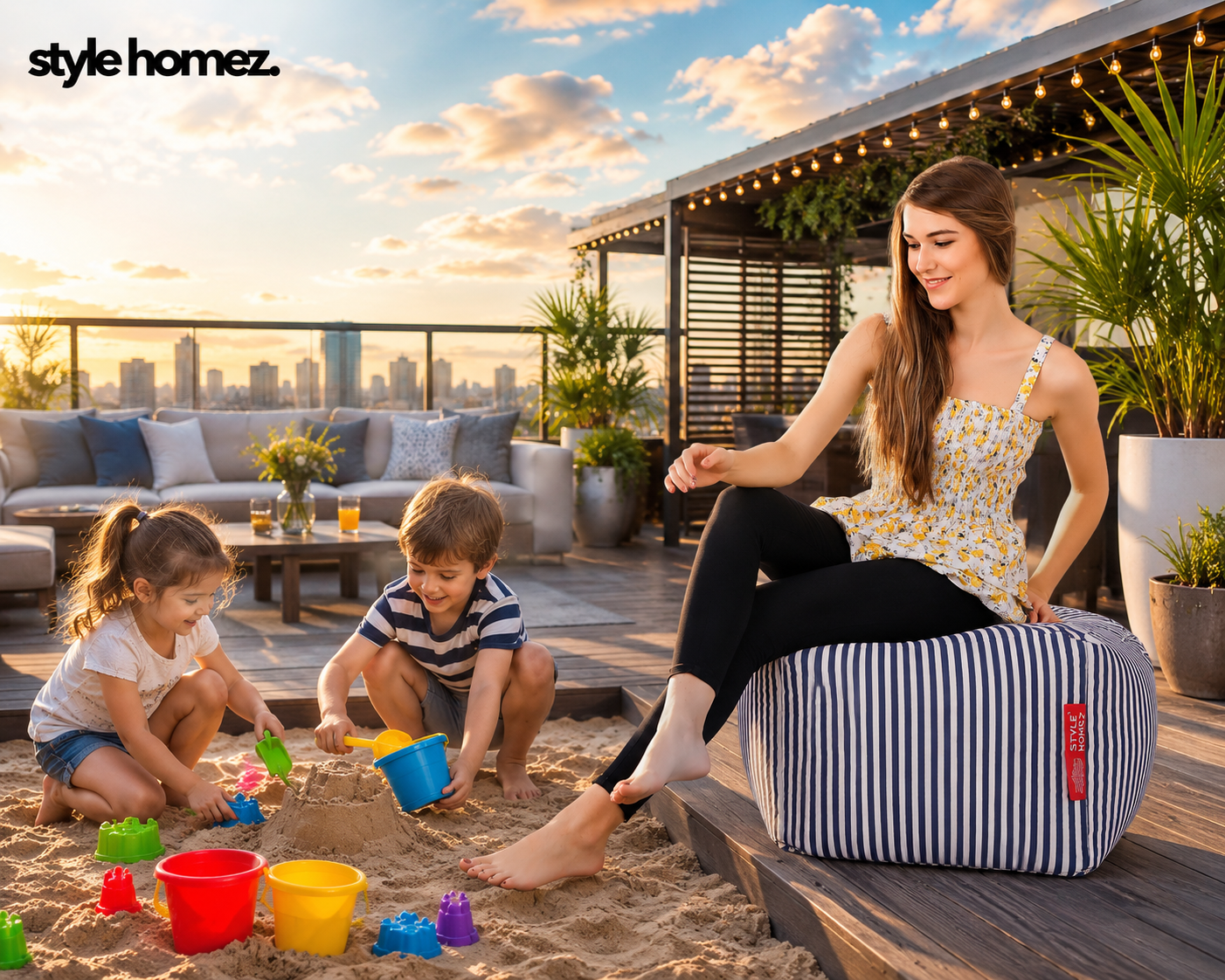 Style Homez Square Ottoman, Cotton Canvas Stripes Printed Bean Bag Ottoman Stool Large Size Filled with Beans, Navy Blue Color