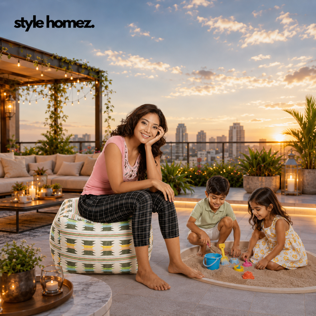 Style Homez Square Ottoman, Cotton Canvas IKAT Printed Bean Bag Ottoman Stool Large Size Filled with Beans, Green Yellow Color