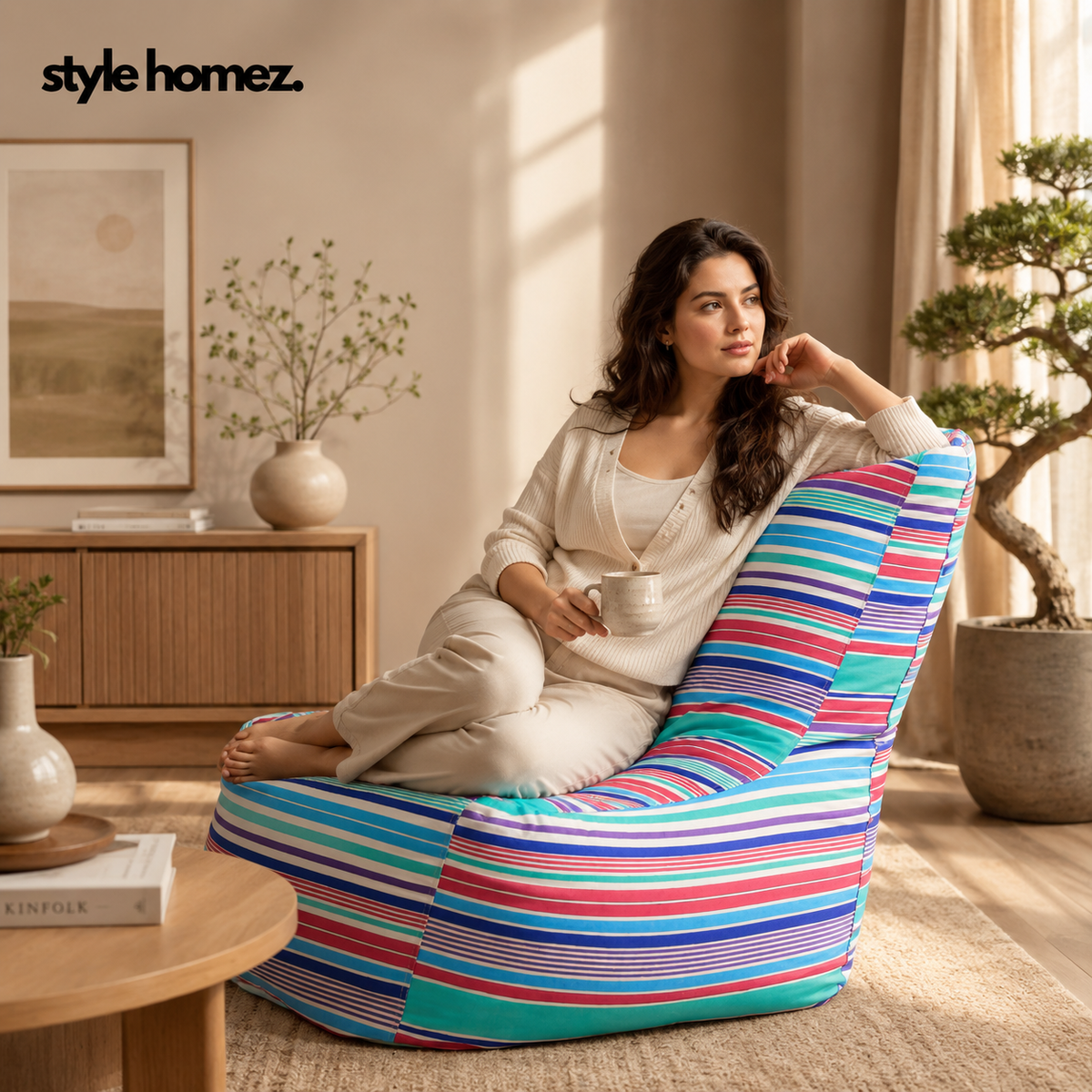 Style Homez Classic Chair Cotton Canvas Stripes Printed Bean Bag XXL Size Filled with Beans Fillers