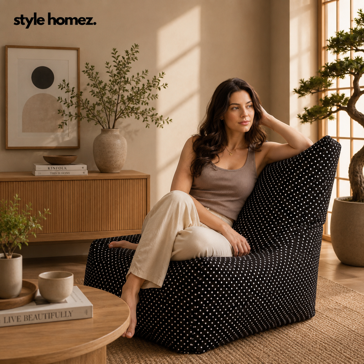 Style Homez Classic Chair Cotton Canvas Polka Dots Printed Bean Bag XXL Size Filled with Beans Fillers