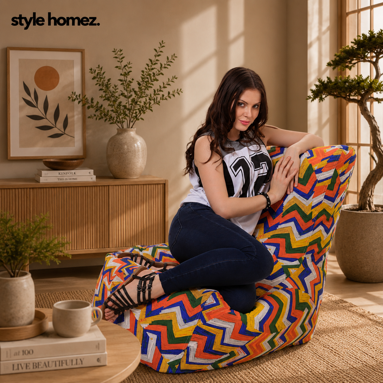 Style Homez Classic Chair Cotton Canvas Geometric Printed Bean Bag XXL Size Filled with Beans Fillers