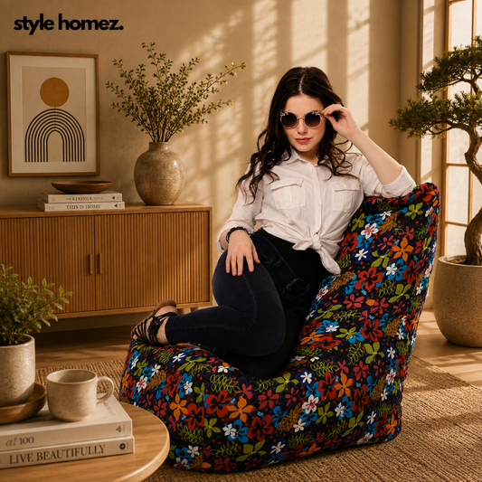 Style Homez Classic Chair Cotton Canvas Floral Printed Bean Bag XXL Size Filled with Beans Fillers
