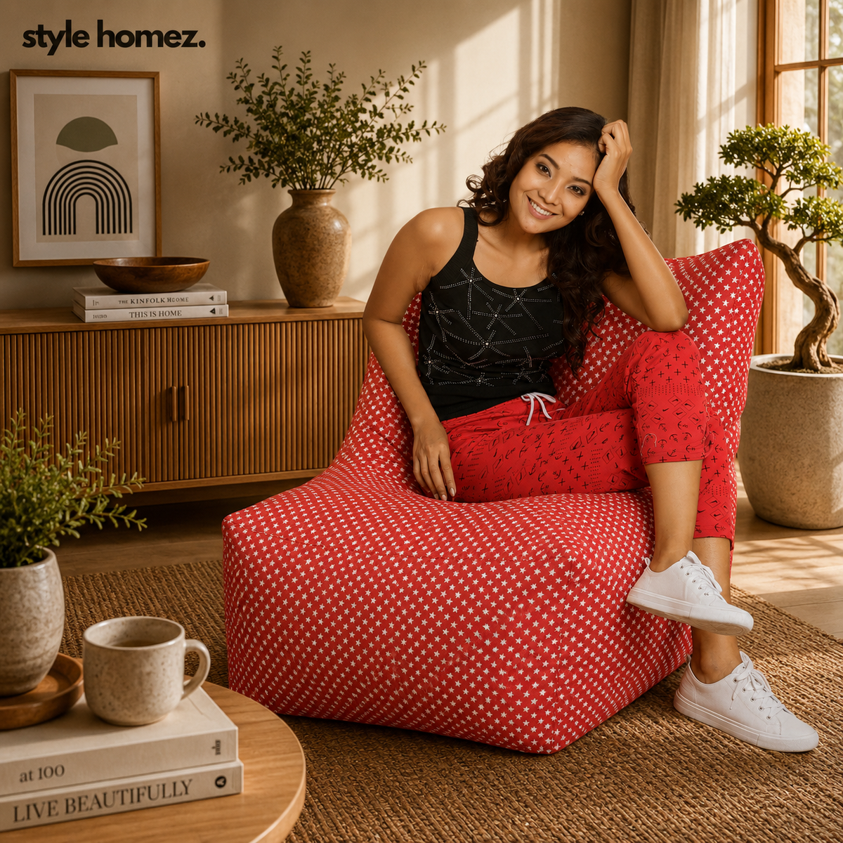 Style Homez Classic Chair Cotton Canvas Star Printed Bean Bag XXL Size Filled with Beans Fillers