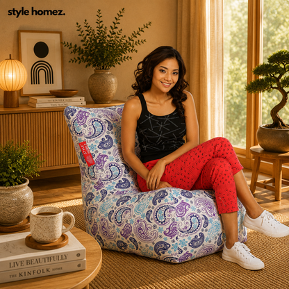 Style Homez Classic Chair Cotton Canvas Paisley Printed Bean BagXXL Size Filled with Beans Fillers