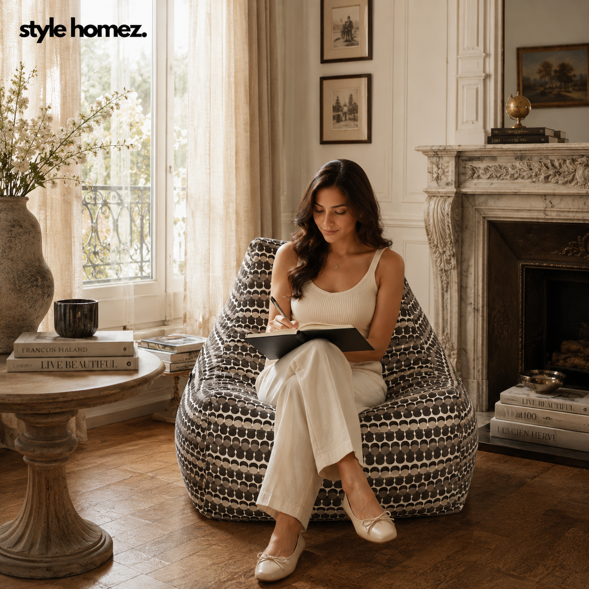 Style Homez Hackey Cotton Canvas Polka Dots Printed Bean Bag XXLXXL Size Filled With Beans Fillers