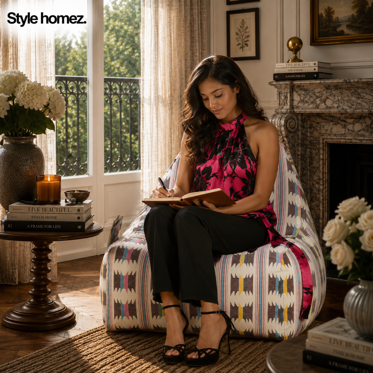 Style Homez XXL HACKEY BEAN BAG, Cotton Canvas IKAT Printed, Filled With Beans Fillers